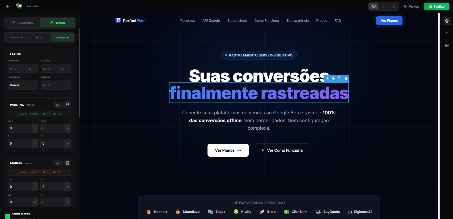 Editor visual do Perfect Clone com blocos prontos