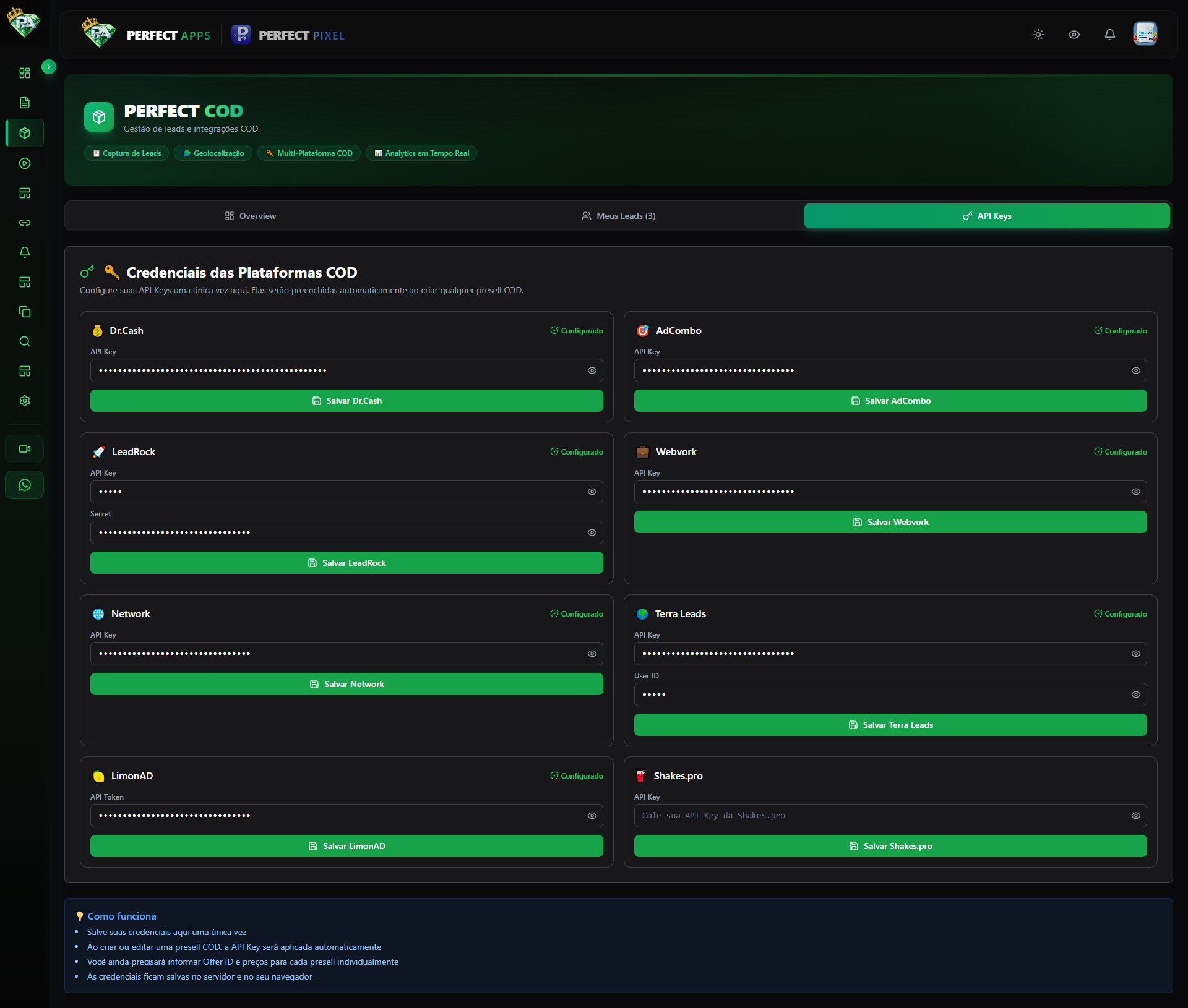 Configuração API Keys Perfect COD