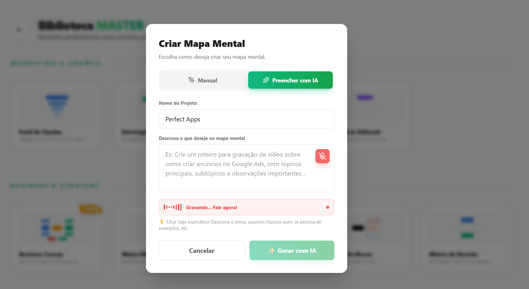Modal de criação de mapa mental com IA