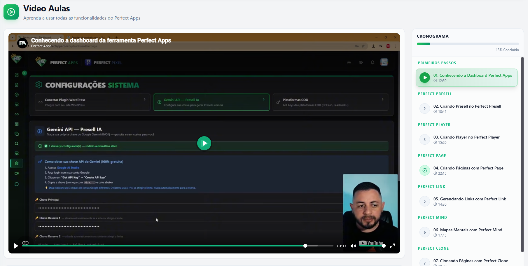 Área de videoaulas do Perfect Apps